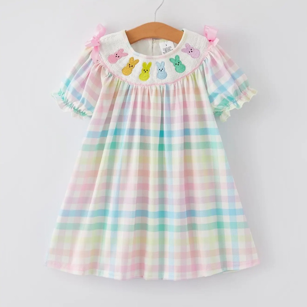 Pastel Plaid Baby Dress with Bunny Embroidery